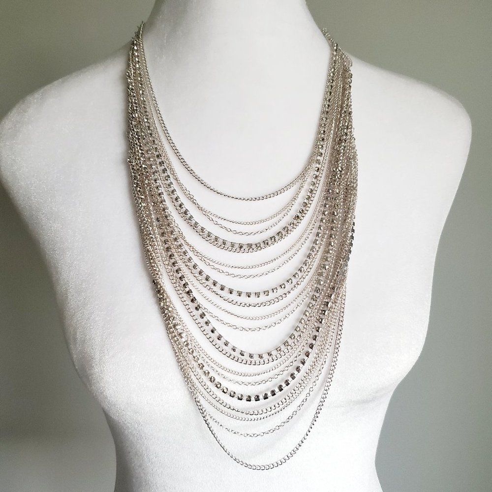Drapey Multi-strand Silver & Rhinestones Waterfall Necklace